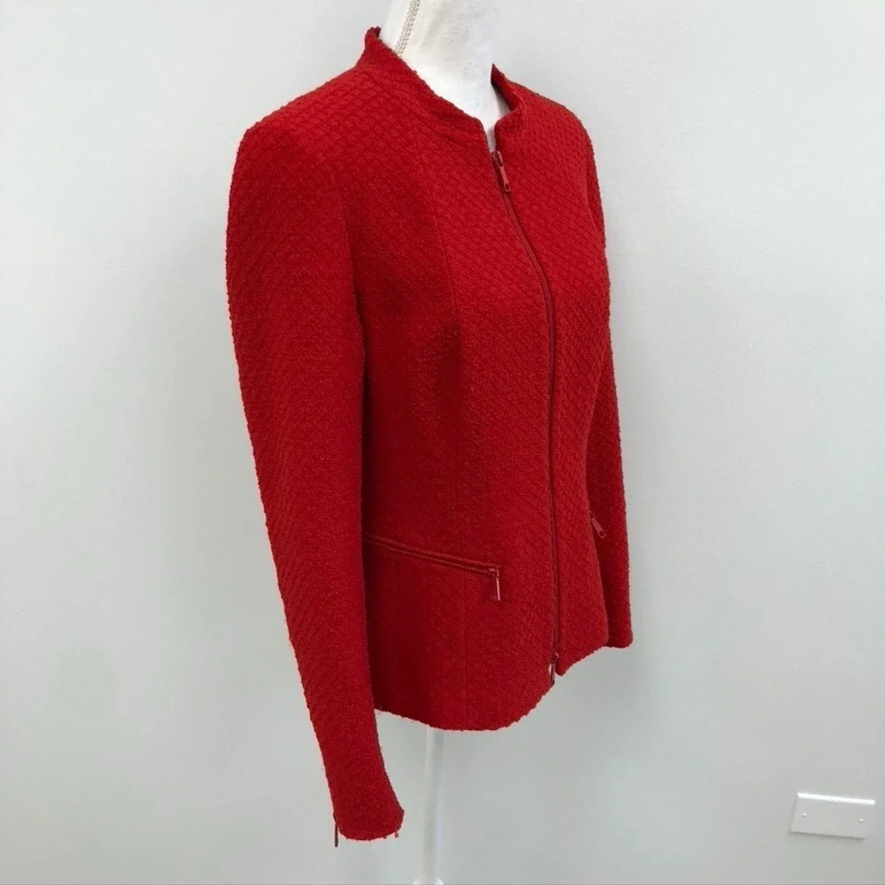 Lafayette 148 Wool Blazer Jacket Womens 8 Red Jacquard Full Zip‎ Career Teacher